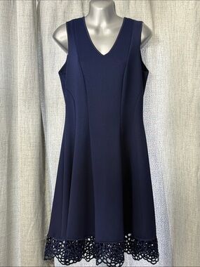 Donna Ricco Navy V-Neck A-Line Dress with Crochet Hem